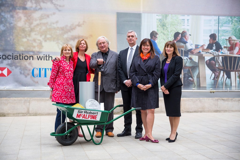 Clara Weatherall, Laura Lee, Steven Holl, Pierre Goad, Daisy Goodwin, and Alwen Williams celebrate the start of construction of Maggie's Barts in London.