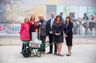 Clara Weatherall, Laura Lee, Steven Holl, Pierre Goad, Daisy Goodwin, and Alwen Williams celebrate the start of construction of Maggie's Barts in London.