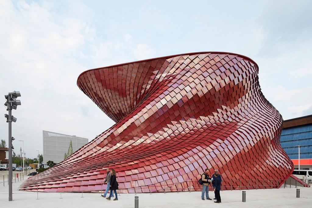 The 40-foot-tall Vanke Pavilion by Studio Libeskind is covered with 4,200 tiles.