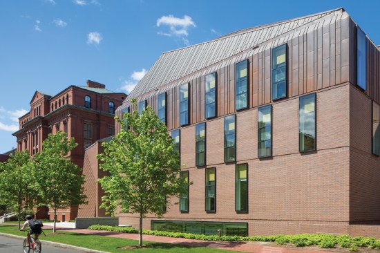 Copper-and-brick-clad east façade