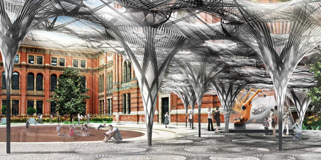 A rendering of the Elytra Filament Pavilion at the Victoria and Albert Museum John Madejski Garden, in London.