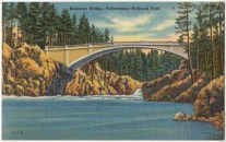 A postcard, issued from 1930 to 1945, depicting the man-made Rainbow Bridge at Yellowstone National Park,
