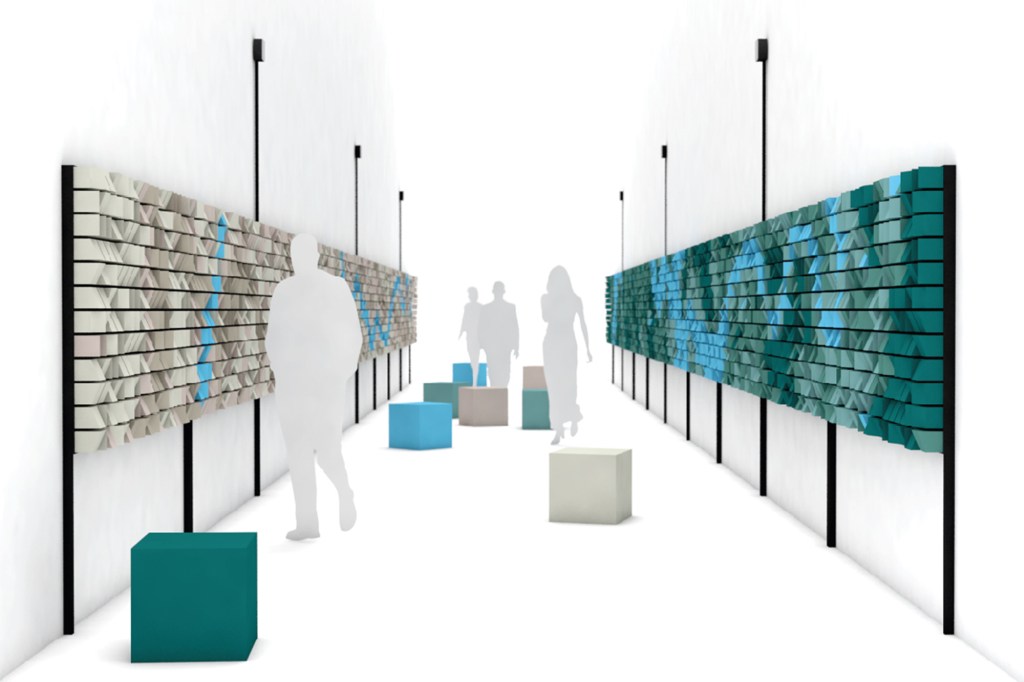 "Neural Alley," by a trio of New York designers, takes cues from the nervous system, setting up shifting imagery that follows the evolution of Chattanooga's infrastructure relative to the Tennessee River.