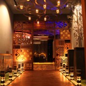 The entrance area depicting  an outdoor  night garden and the screen which main element of  desig