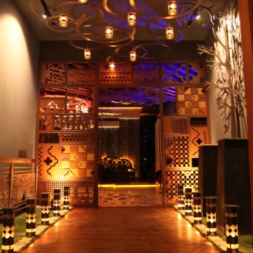 The entrance area depicting  an outdoor  night garden and the screen which main element of  desig
