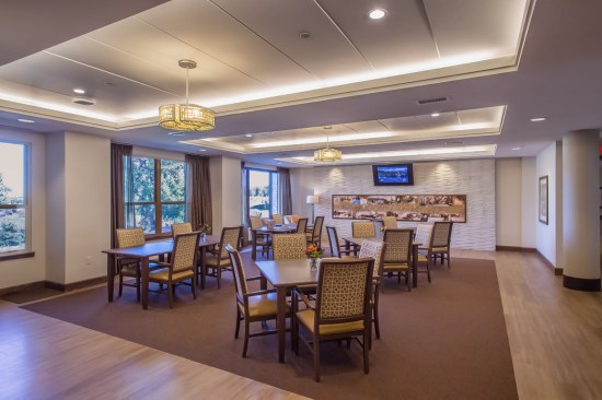A dining area designed by studioSIX5 at Wind Crest Continuing Care Retirement Community in Highlands Ranch, Colorado.