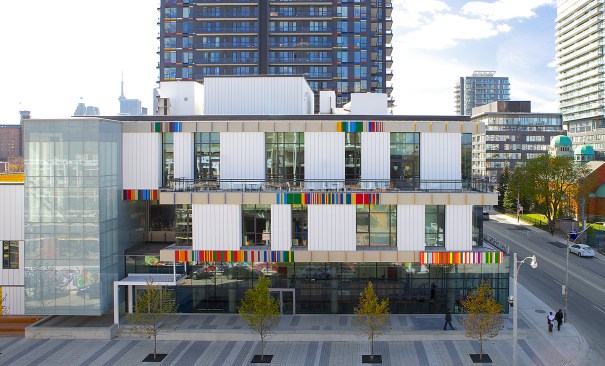 The three-storey Daniels Spectrum anchors a new intersection in the rejuvenated Regent Park neighborhood of Toronto.