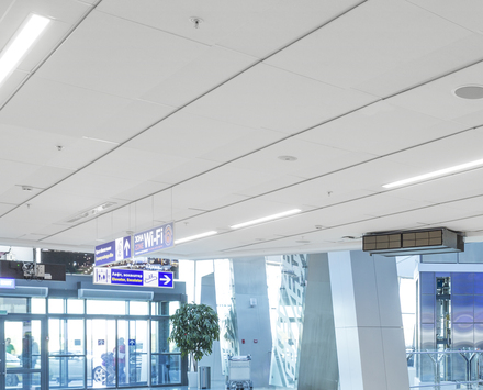 ROCKFON acoustic stone wool ceiling panels add a modern look and performance to the historic Minsk National Airport in the Republic of Belarus.