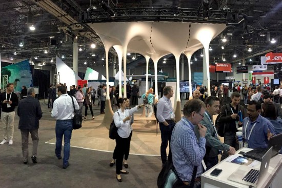 The Autodesk University convention hall featured numerous exhibits, including digitally fabricated pavilions, robot demonstrations, and virtual reality technology trials.