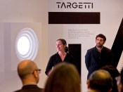 Artist Aleksandra Stratimirovic (left) and lighting designer Athanassios Danilof (right) at the press preview for Color Wheels at the Targetti stand during Light+Building 2016.