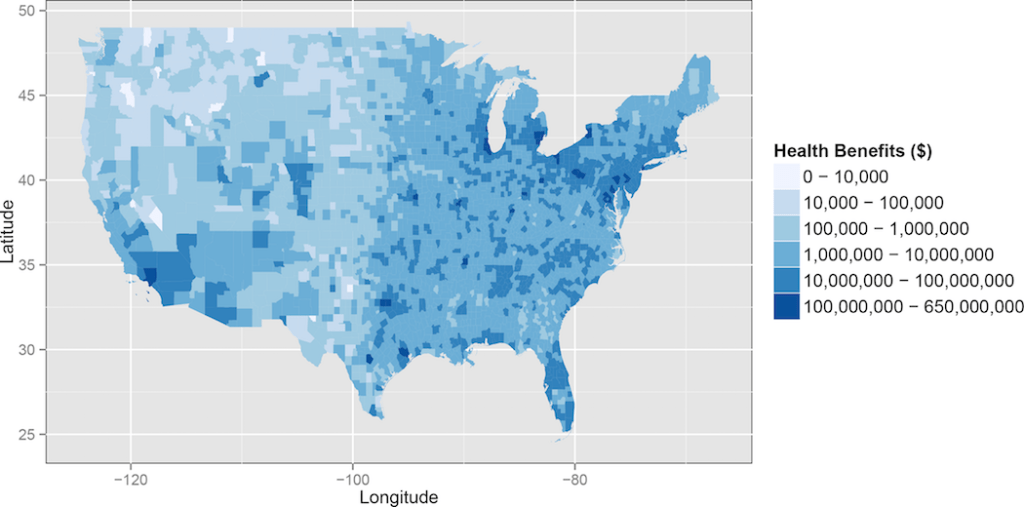 Total annual co-benefits of moderately stringent, highly flexible carbon standards in 2020 (2010 USD)
