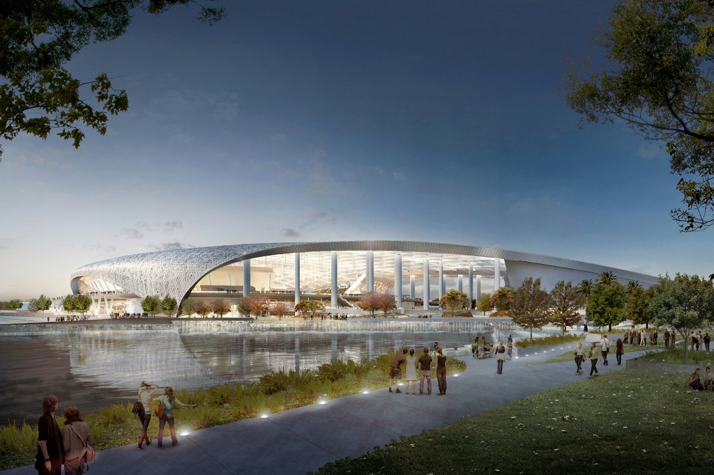 View from the southwest of the proposed Rams stadium in Inglewood, Calif.