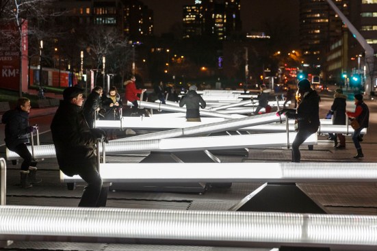 Impulse is an installation of 30 giant illuminated seesaws.