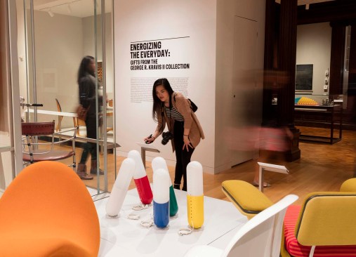 Installation view of “Energizing the Everyday: Gifts from the George R. Kravis II Collection,” with Cesare Cassati’s and C. Emanuele Ponzio’s Pillola lamps on display.