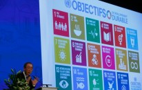 United Nations Secretary-General Ban Ki-Moon addresses the Annual Conference of Swiss Developement Cooperation in Zurich, Switzerland January 22, 2016. On the screen behind are displayed the 17 goals of UN's 2030 Agenda for Sustainable Development. (REUTERS/Arnd Wiegmann)