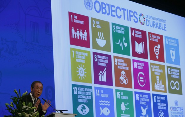 United Nations Secretary-General Ban Ki-Moon addresses the Annual Conference of Swiss Developement Cooperation in Zurich, Switzerland January 22, 2016. On the screen behind are displayed the 17 goals of UN's 2030 Agenda for Sustainable Development. (REUTERS/Arnd Wiegmann)