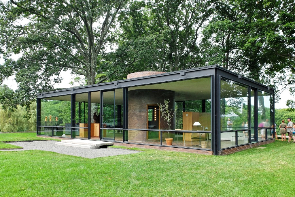 Philip Johnson's 1949 Glass House, in New Canaan, Conn. View of the entrance.