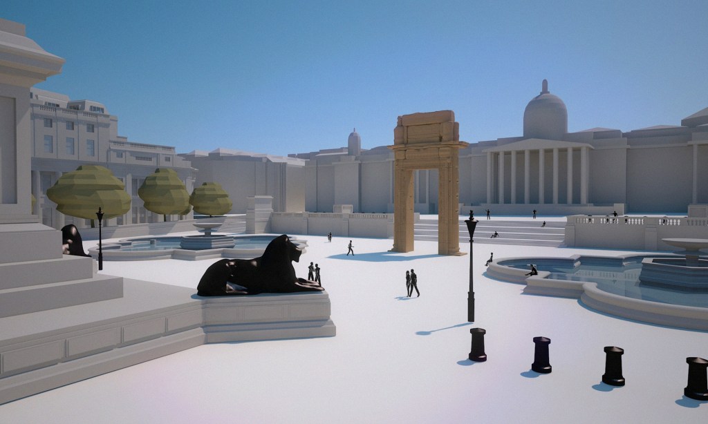 A rendering of how the 3D-printed arch will be installed in London's Trafalgar Square.