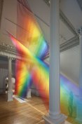 Gabriel Dawe’s installation Plexus A1 (2015), part of the Renwick Gallery’s “Wonder” exhibit, uses colored thread and looks like rays of light.