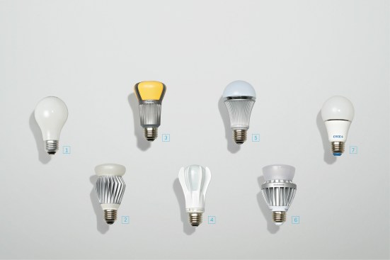The evolution of the LED A19 replacement lamp as seen via the changing form-factor of lamps introduced to market. From left to right:1 - Philips Soft White 100W incandescent2 - Lighting Science LED Light Bulb3 - Philips L Prize lamp4 - GE Energy Smart 9W A19 LED replacement lamp5 - Sharp LED Bulb6 - Samsung 13.5W LED A197 - Cree 9.5W LED 60W replacement lamp