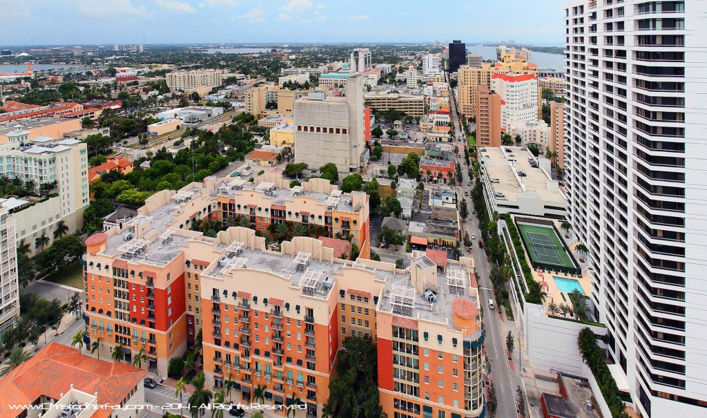 A bird’s eye view of West Palm Beach shows the city’s urban core, including South Olive Street and Clematis Street.
