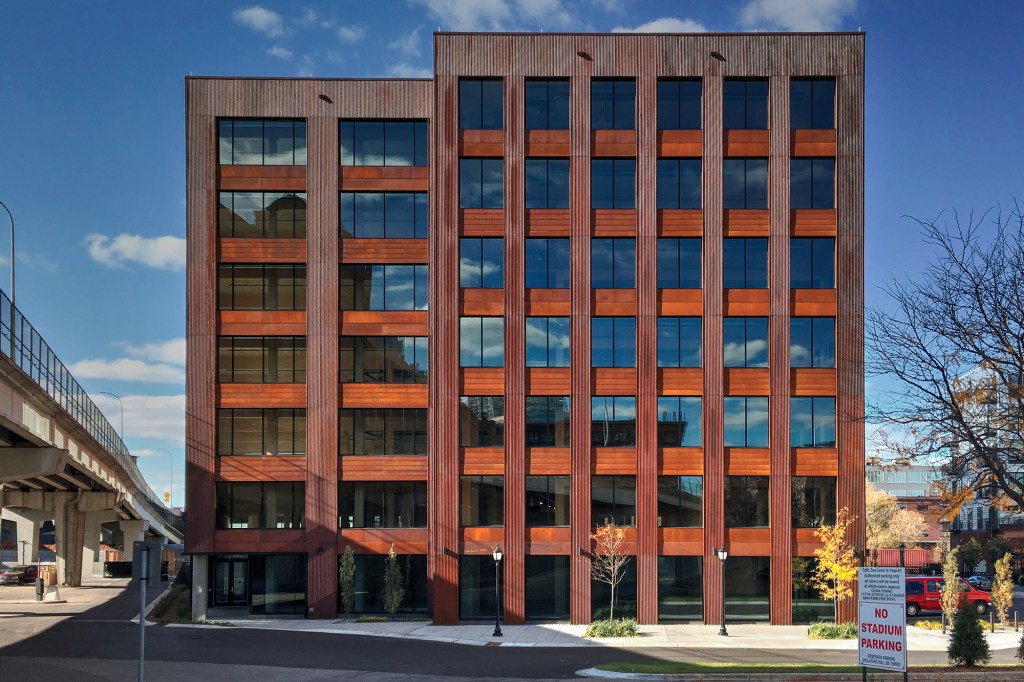 The mass timber T3 Tower, in Minneapolis, is clad with weathering steel.