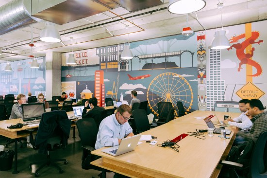 WeWork's hot desk area in Seattle's South Lake Union neighborhood. (This is not the beta floor the article discusses, but it looks relatively similar.)