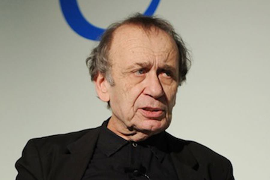 Vito Acconci speaking at a Design Pioneer Talk at Design Miami, where he was named designer of the year.