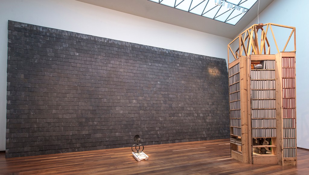 "Slate Corridor for Possibility of Speaking in Tongues and Depositing Ghetto Reliquary" (back), "Something about Modernism and Death" (center), and "New Egypt Sanctuary of the Holy Word and Image" (right) at the National Gallery of Art