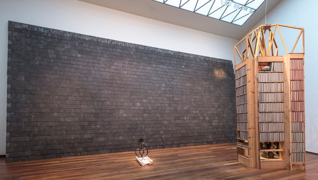 "Slate Corridor for Possibility of Speaking in Tongues and Depositing Ghetto Reliquary" (back), "Something about Modernism and Death" (center), and "New Egypt Sanctuary of the Holy Word and Image" (right) at the National Gallery of Art
