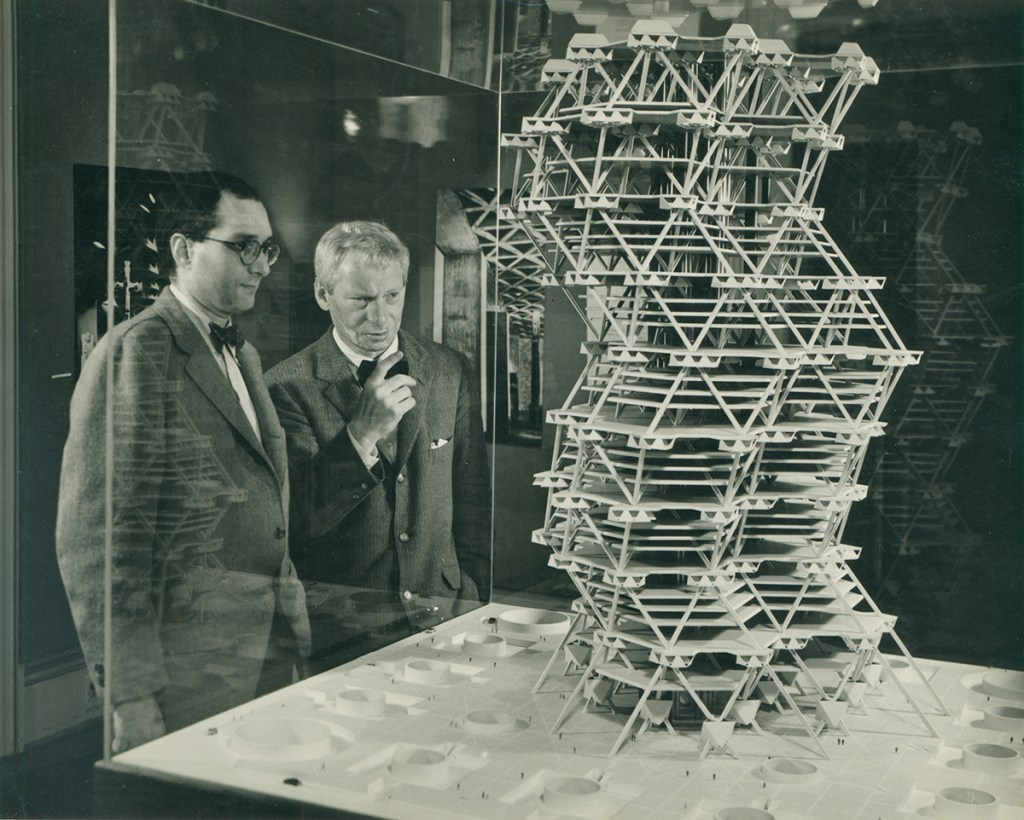 Louis Kahn (right) with a model of the City Tower Project (1958)