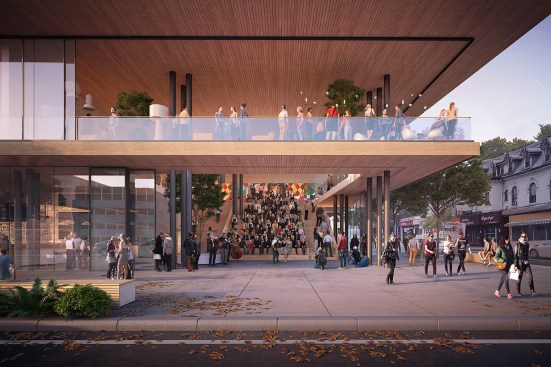 The amphitheater-style stairs and public space is intended to facilitate community activity