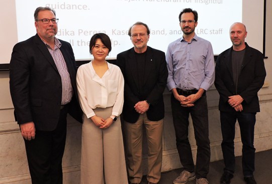 2017 IESNYC Thesis Proze presentation. Left to right: Mike Barr, IESNYC Thesis Prize coordinator; Valerie Chengyi Qin, Thesis Prize recipient; Craig Bernecker, Associate Professor Lighting Design, Parsons School of Design at the New School; Brian Belluomini, IESNYC President; Glenn Shrum, Assistant Professor and Director MFA Lighting Design, Parsons School of Design at The New School.