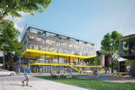 An old parking garage is re-used for the base, while the top is new, high-tech and fully demountable