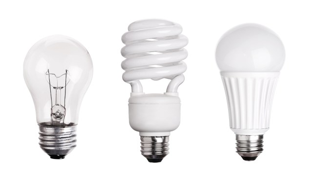 Light bulb evolution (from left to right): A19 filament, compact fluorescent, A19 LED replacement