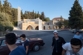 Exterior view from northwest, with view of minaret