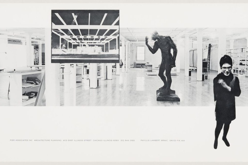 Pier Associates. Composite photograph of Phyllis Lambert and David Fix in their studio, 403–409 East Illinois Street, Chicago, c. 1970, Reproduction. Phyllis Lambert fonds, CCA. © Pier Associates