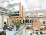 Cantilevered team workrooms and projecting counter areas, both clad in light wood, act as vertical reflectors of daylight that filters down from the deep skylight wells above.