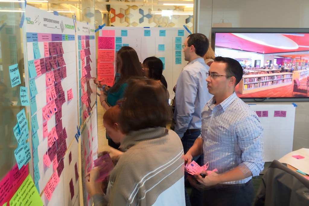 Dyer Brown employees fill in the Lean tool “Improvement Newspaper.”