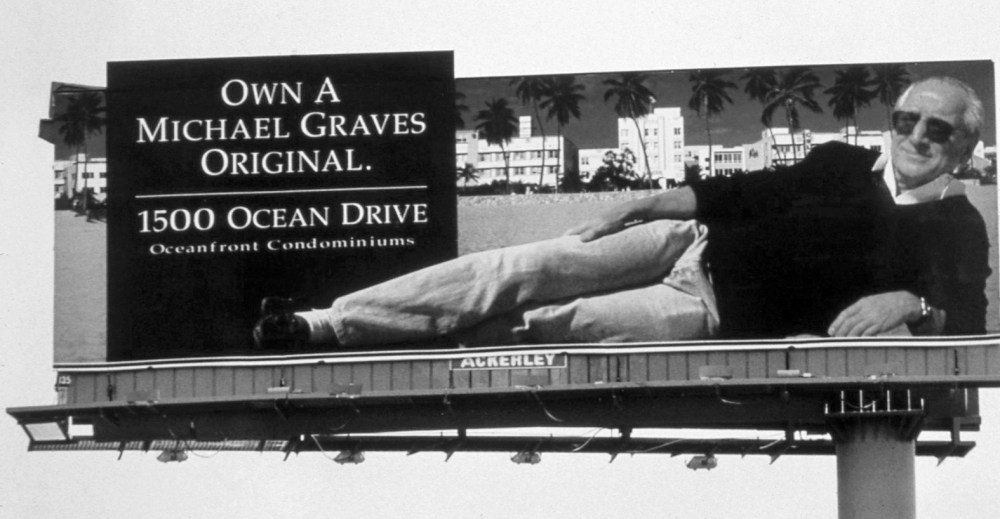 A 1993 billboard shows Michael Graves at the height of his commercial success.