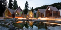 Parkhotel Jordanbad's sauna village includes (l to r): the infusion sauna, a shower facility, the fireplace sauna, and the herbal sauna.