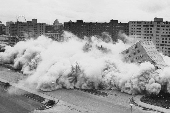An April 1972 demolition at St. Louis's Pruitt-Igoe public housing complex, designed by Minoru Yamasaki.