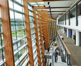 This floor-to-ceiling glass exterior and open floor plan take full advantage of daylight to illuminate open work areas. As the sun moves around the building, electric light levels and automated shades adjust to create a more comfortable and energy-efficient environment.