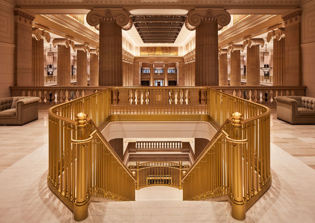 Grand staircase and lounge.