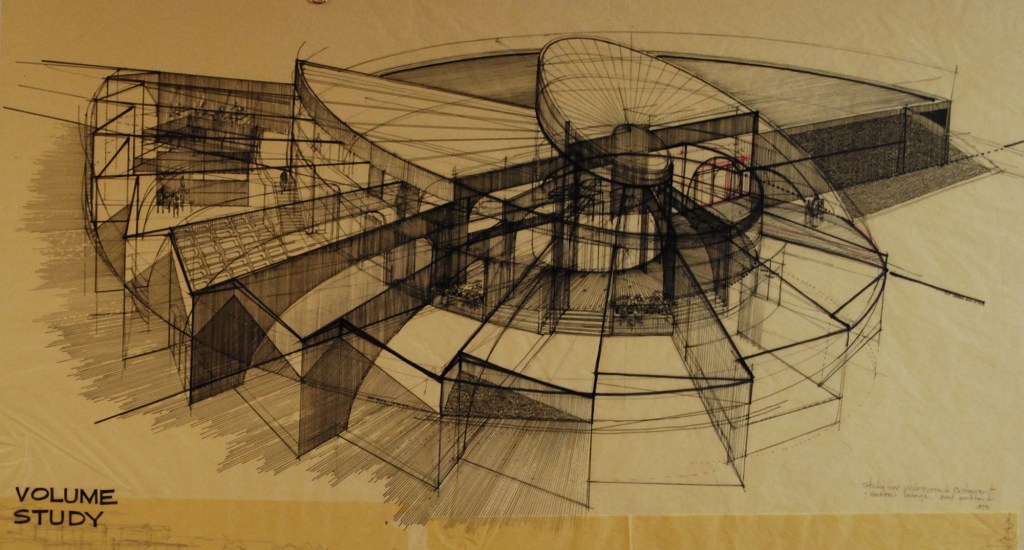 Will Martin, study for an underground restaurant, concept rendering, 1973