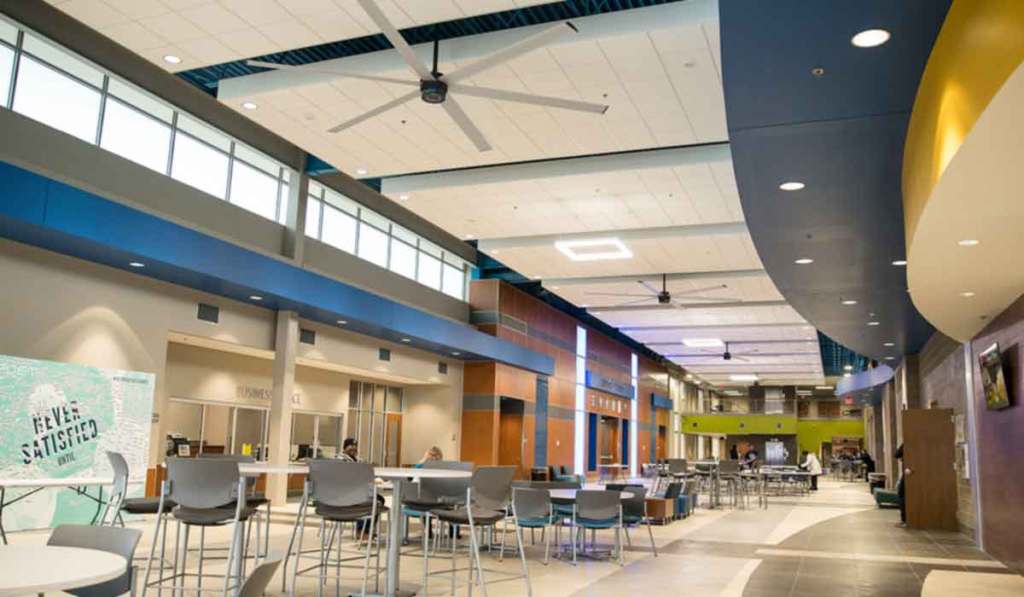 Southeast Technical Institute in Sioux Falls, SD had several MacroAir Fans installed into their student center and technology lab. The fans help circulate the air within the building, which helps eliminate contaminates and activate student wellness.