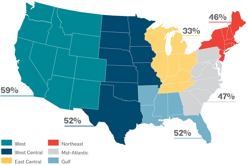 Percent of architecture students of color in each U.S. region. Sources: NAAB and KFF.org