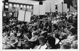 Residents gather at an early meeting of the Northwest Community Organization, one of the organizations that formed Bickerdike Redevelopment Corp. in 1968.