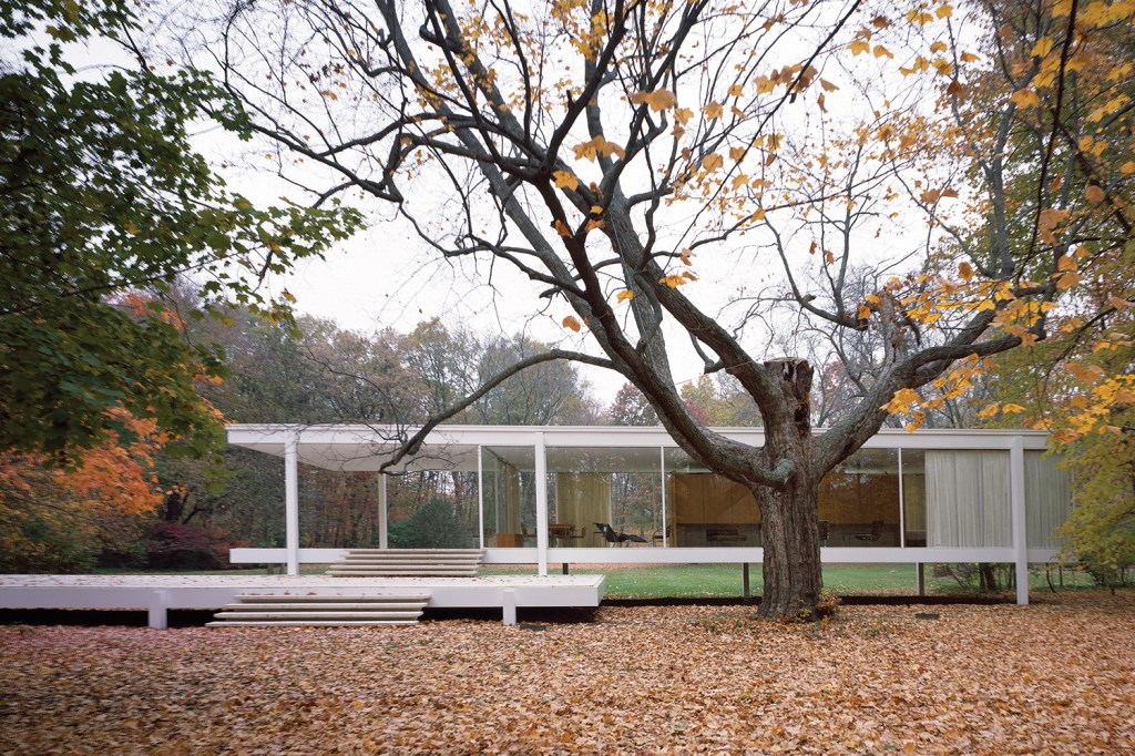 The Farnsworth House owned and managed by the National Trust for Historic Preservation.  A Mies van der Rohe-designed house that is a National Historic Landmark and is listed on the National Register of Historic Places in Kendall County, Illinois