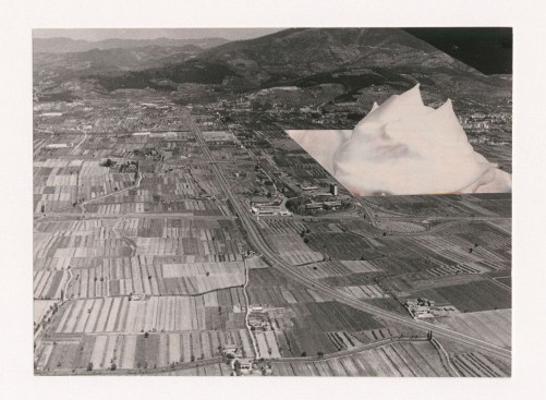 Photographic collage featuring white foam emerging from the Italian countryside, 1969-1970